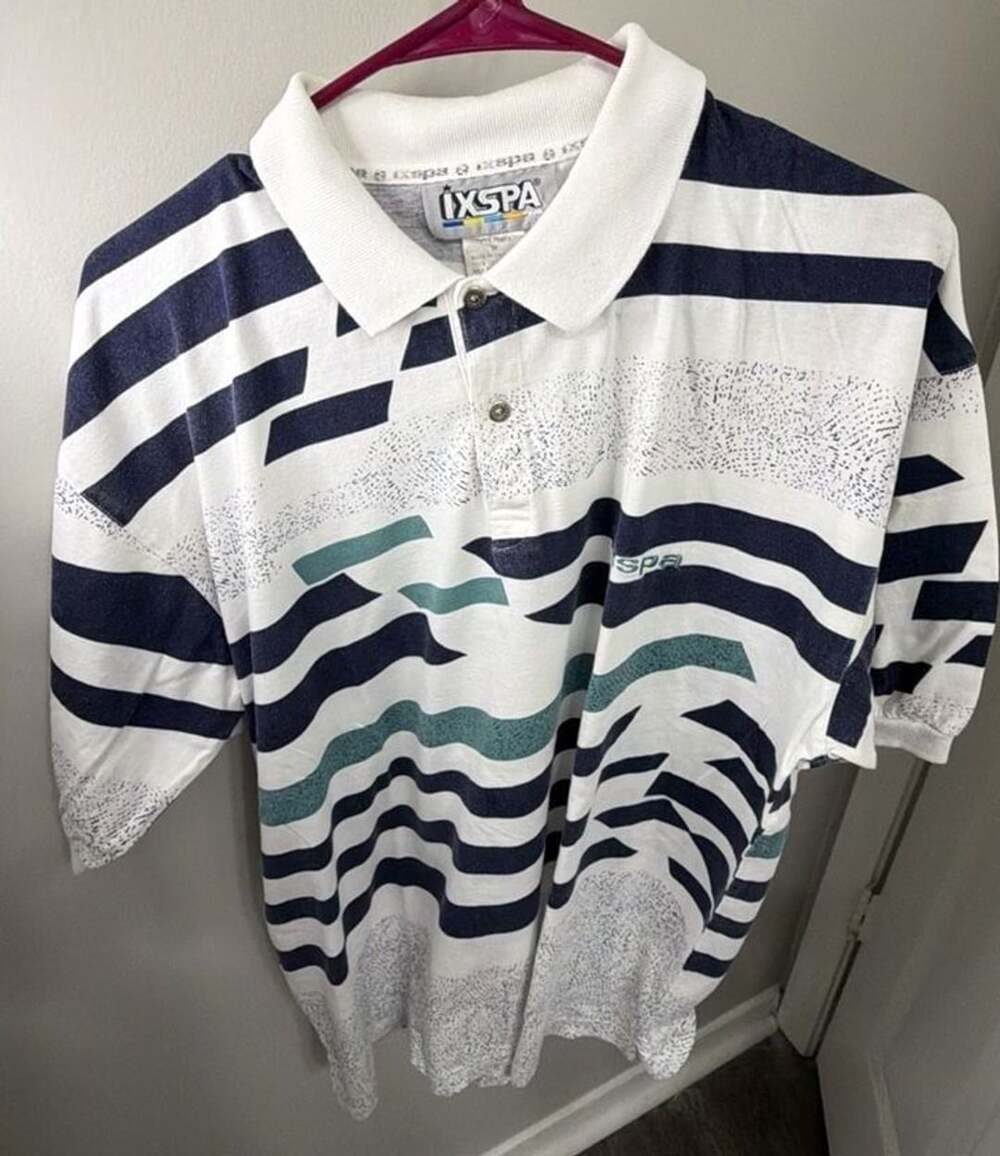 Vintage 90s IXSPA Mens M Polo Shirt Geometric Stripe Golf Tennis 100% Cotton